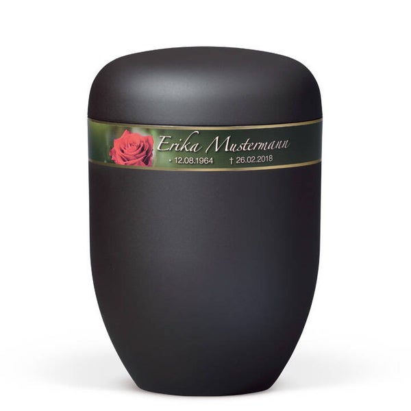 25290-PST Naturstoffurne, Anthrazit Velours, Dekorband: Rosenblüte + Persönliche Sterbedaten