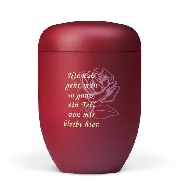 25340-T4 Naturstoffurne, Weinrot Velours, Airbrush Rosenblüte, Trauertext Nr. 4