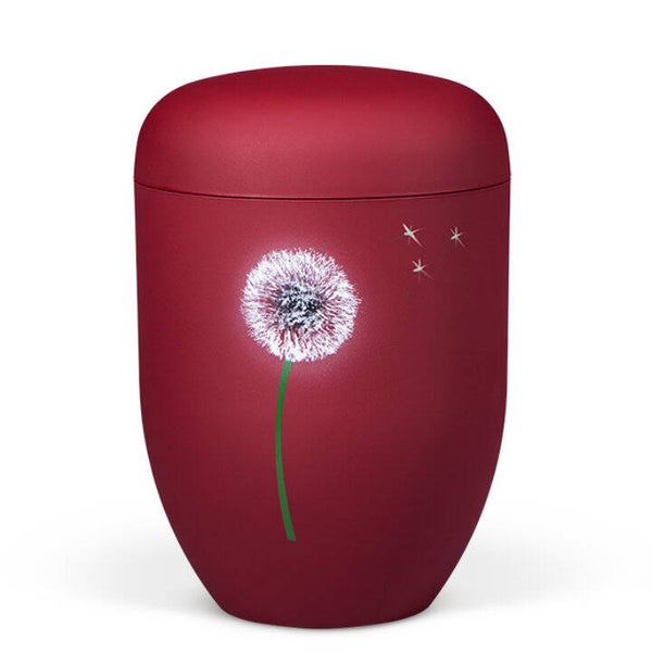 25343 Naturstoffurne, Weinrot Velours, Airbrush Pusteblume