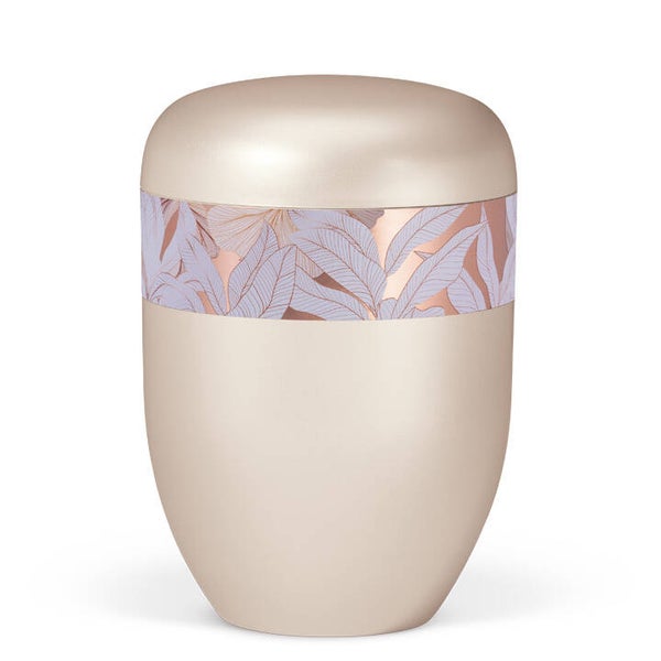 25480 Naturstoffurne, Cremeweiß Perlmutt, Rosé Gold, Dekor "Blätter"
