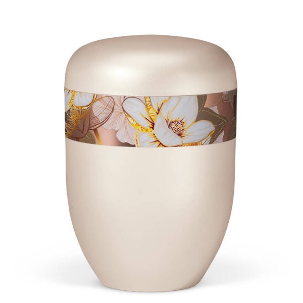 25481 Naturstoffurne, Cremeweiß Perlmutt, Rosé Gold, Dekor "Magnolia"