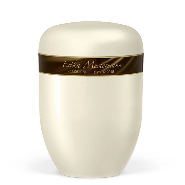 25490-PST Naturstoffurne, Cremeweiß Perlmutt, Dekorband Braun-Gold pat., Persönl Sterbedaten