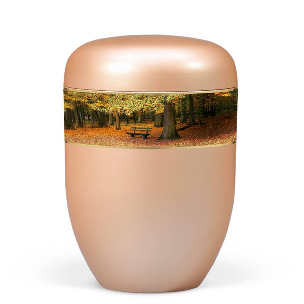 25531 Naturstoffurne, Fishsilber- Apricot, Dekorband Waldlandschaft