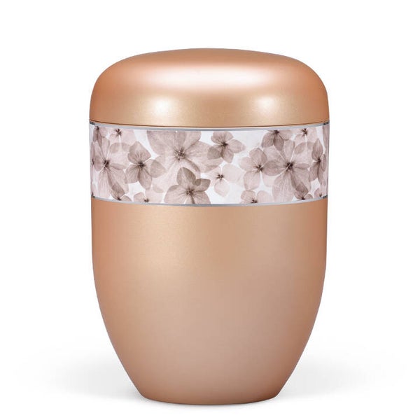 25532 Naturstoffurne, Fishsilber- Apricot, Dekorband Blüten