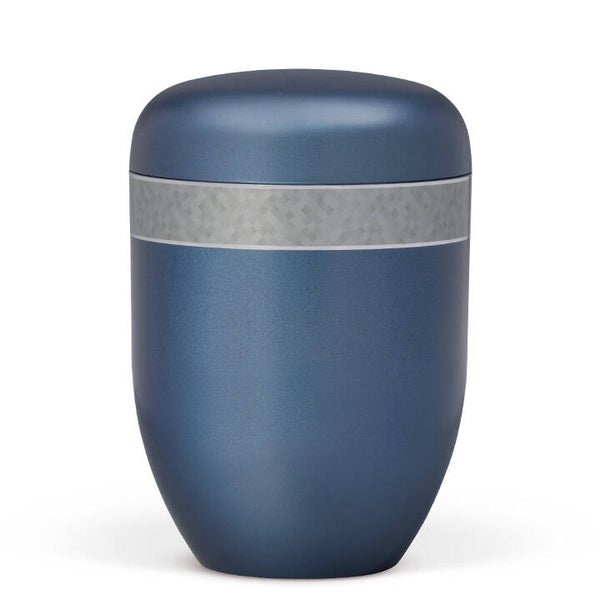25551 Naturstoffurne, Blau Perlmutt, Dekorband Silber Kariert
