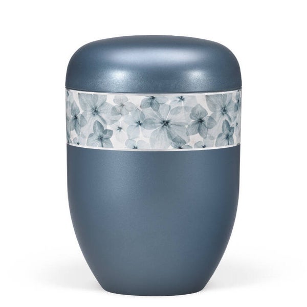 25572 Naturstoffurne, Blau Perlmutt, Dekorband Blüten