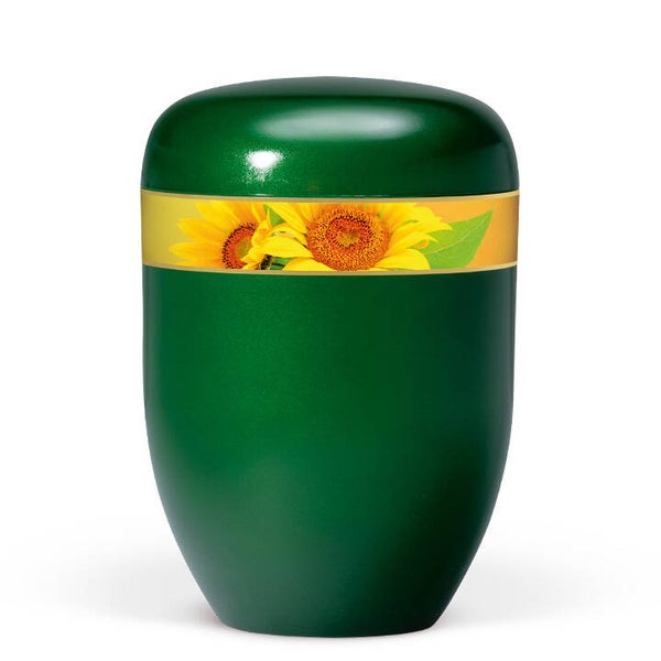 25711 Naturstoffurne, Moosgrün, Dekorband Sonnenblumen