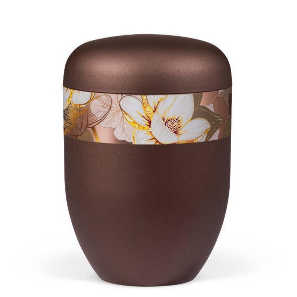 25766 Naturstoffurne, Kastanienbraun Matt Rosé Gold, Dekor "Magnolia"