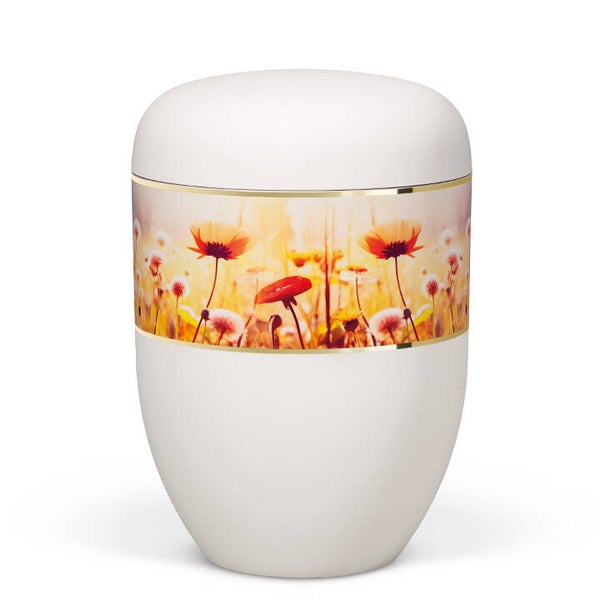 25880 Naturstoffurne, Weiß Matt Dekorband Breit Wildblumen