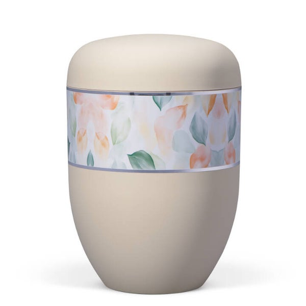 25901-FA Naturstoffurne, Sandbeige, Florales Aquarellmuster, Blätter in Pastellfarben