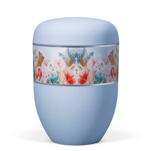 25902-BL Naturstoffurne, Eisblau, Blumenmeer im Aquarellstil mit farbenprächtigen Blüten, Blättern