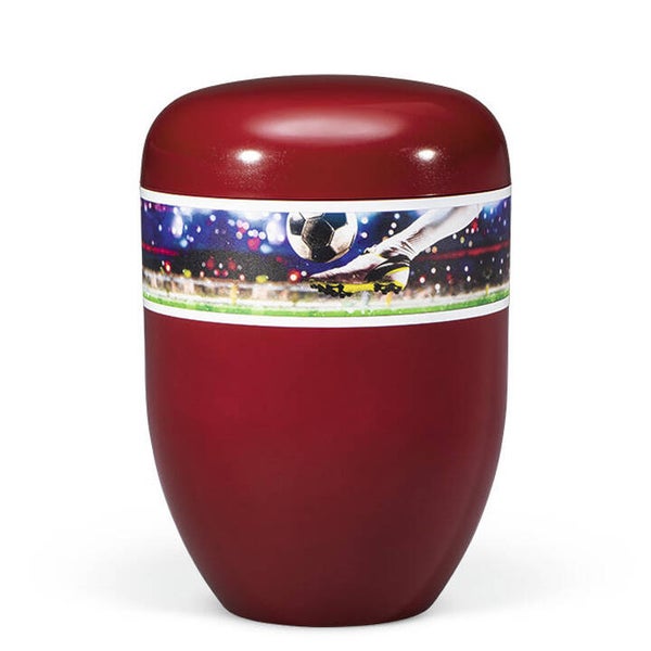 25940 Naturstoffurne, Weinrot Matt, Dekor "Fußball"