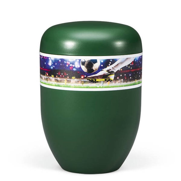 25942 Naturstoffurne, Kieferngrün, Dekor "Fußball"