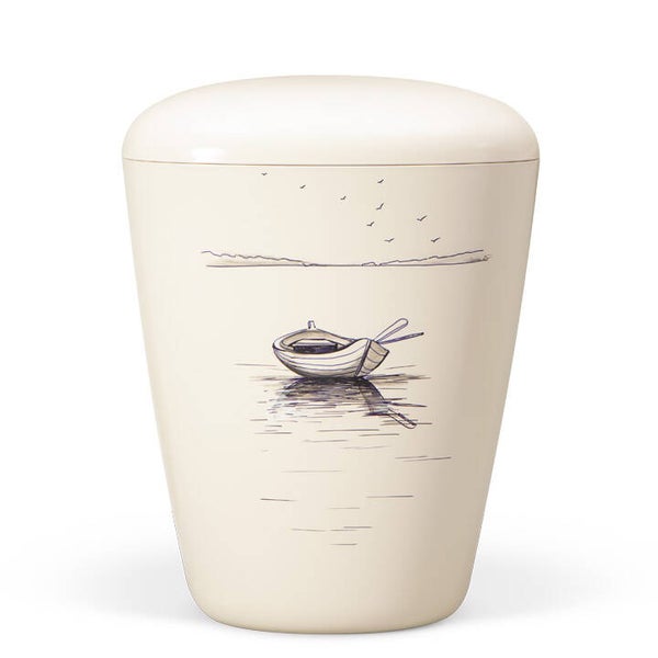 26163 Naturstoffurne, Cremeweiß, Motiv "Boot im Watt" Handbemalt