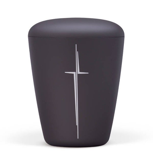 26208 Naturstoffurne, Anthrazit Velours, Modernes Kreuz Matt Silber