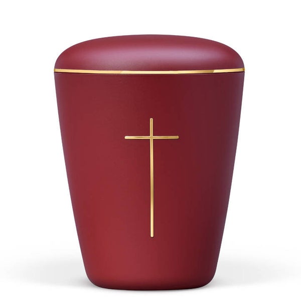 26305 Naturstoffurne, Weinrot Velours, Kreuz Stripdome gold, Goldband