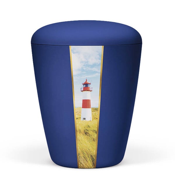 26422VLT Naturstoffurne, Saphirblau Velours, Dekor: "Leuchtturm"