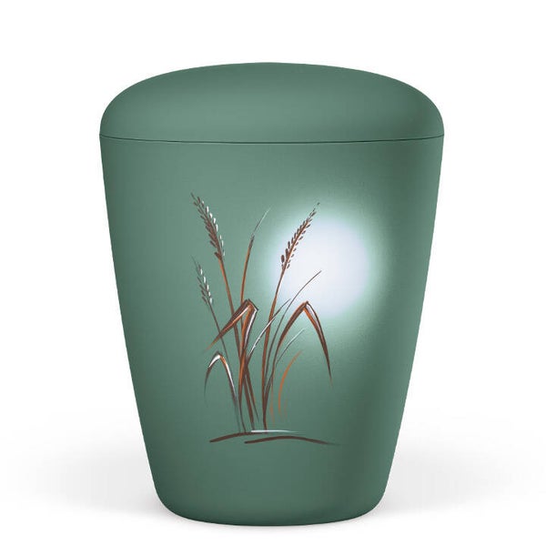 26570 Naturstoffurne, Olivgrün Velours, Motiv: Gräser im Mondlicht, Handbemalt