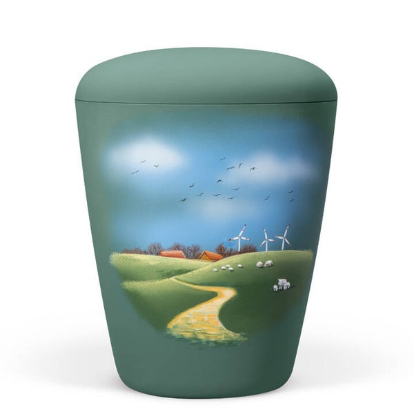 26571 Naturstoffurne, Olivgrün Velours, Motiv: Wiesenlandschaft Handbemalt