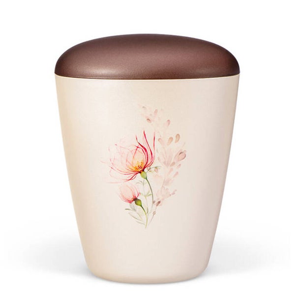 26720 Naturstoffurne, Cremeweiß Perlmutt, Aquarell-Rosenstrauß, Pfirsichblüte, Deckel Kastanienbraun