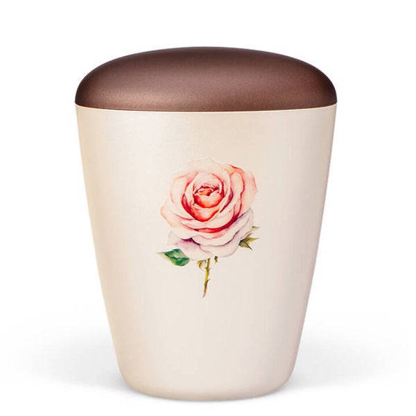 26721 Naturstoffurne, Cremeweiß Perlmutt, Rose, Deckel Kastanienbraun
