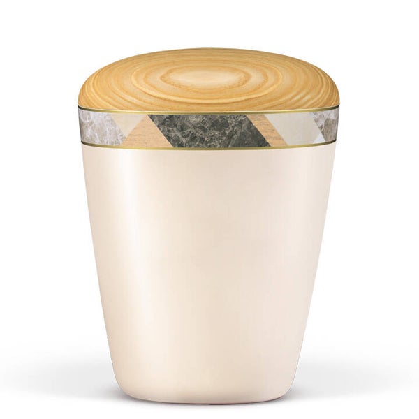 26731 Naturstoffurne, Cremeweiß Perlmutt Dekorband: Rauten, Holzdeckel Esche geölt