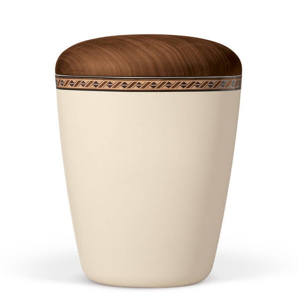 26743 Naturstoffurne, Sandbeige Dekor: Rautenkordel, Holzdeckel Nußbaum geölt