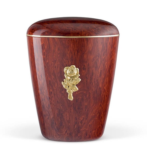 26802rok-GB Naturstoffurne, Wurzelholzeffekt Folienbeschichtung, MS-Rosenblüte, Goldband