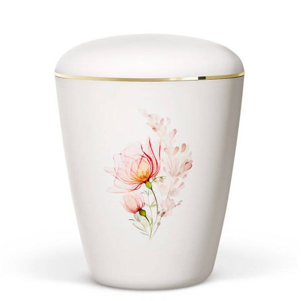 26851 Naturstoffurne, Weiß-Matt, Aquarell-Rosenstrauß, Pfirsichblüte, Goldband