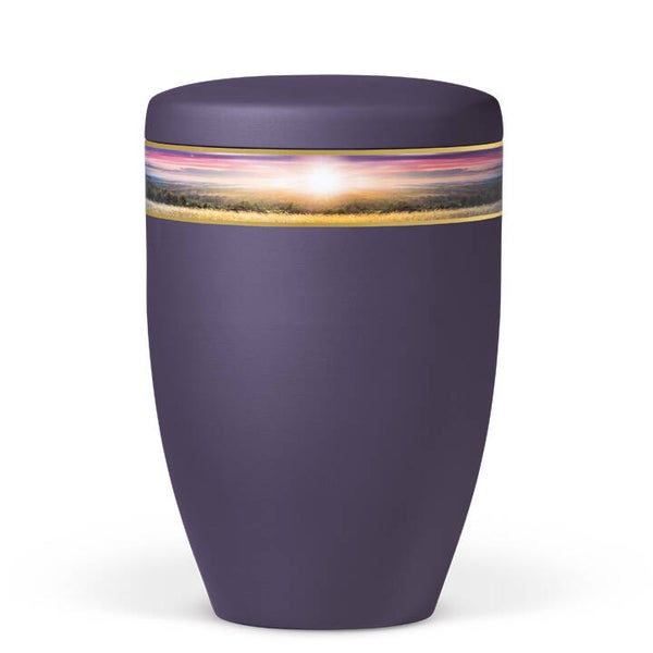 27110 Naturstoffurne, Violett Velours, Dekorband Landschaft