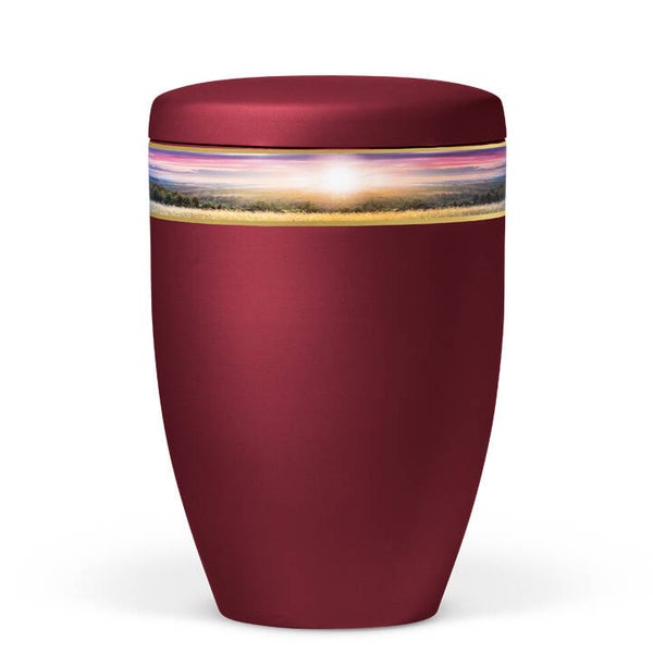 27210 Naturstoffurne, Weinrot Velours, Dekorband Landschaft