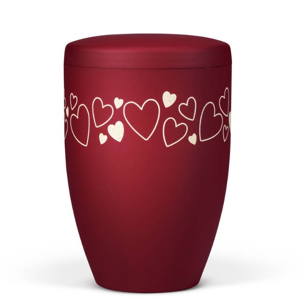 27226 Naturstoffurne, Weinrot Velours, Lasergravur Motiv: Herzornamente