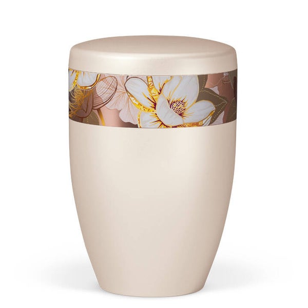 27421 Naturstoffurne, Cremeweiß Perlmutt, Dekorband Rosé Gold "Magnolia"