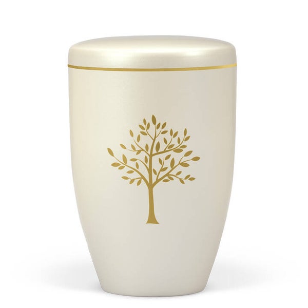 27430 Naturstoffurne, Cremeweiß Perlmutt, Moderner Baum, Goldband