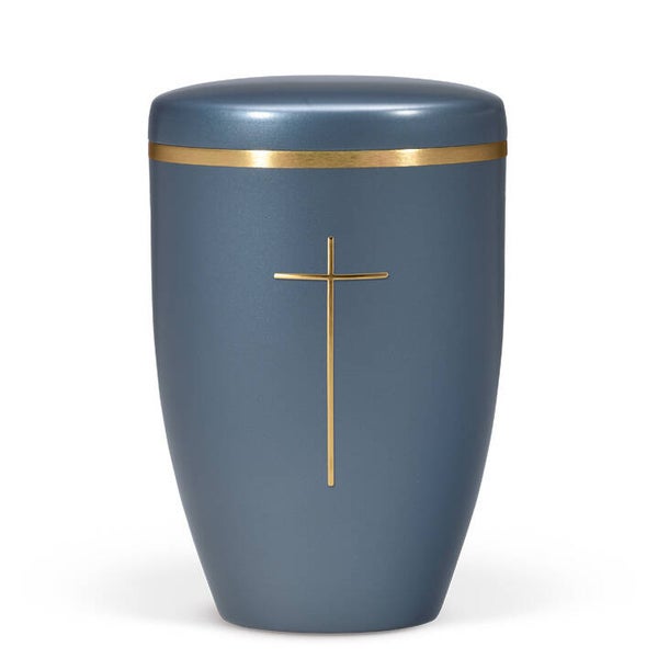 27490 Naturstoffurne, Blau Perlmutt, Stripdome Kreuz Gold, Goldband gebürstet