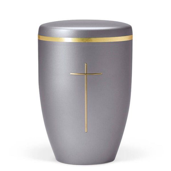 27530 Naturstoffurne, Stahlgrau, Stripdome Kreuz, Goldband gebürstet