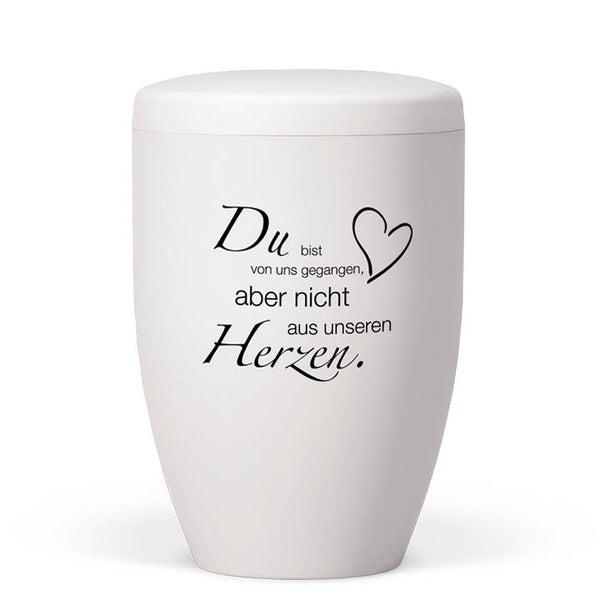 27552-T2H Naturstoffurne, Weiß-Matt Trauertext 2, + Herz, schwarz