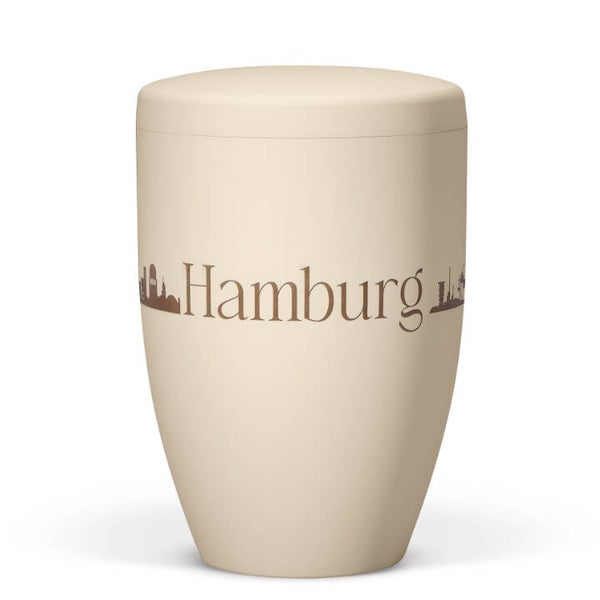 27600-LG-Hamburg Naturstoffurne, Sandbeige, Lasergravur Stadt Hamburg
