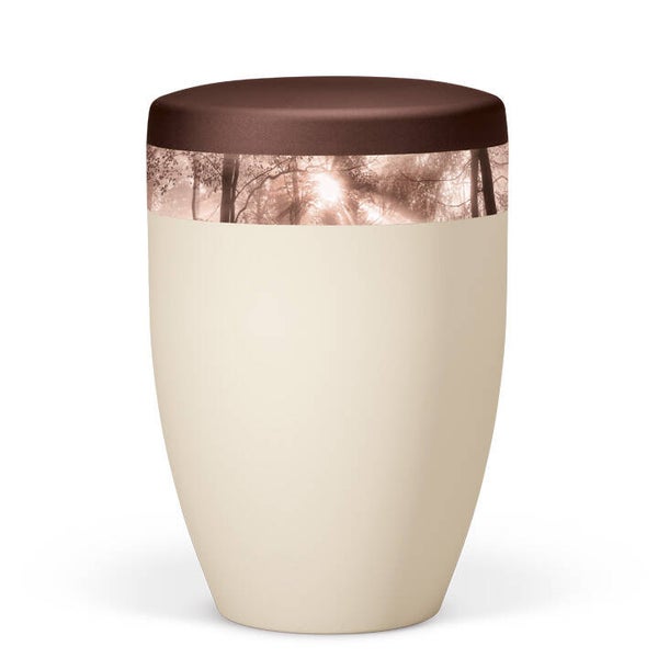 27630 Naturstoffurne, Sandbeige, Dekor "Wald" Sepia Effekt, Deckel Kastanienbraun Matt abgesetzt