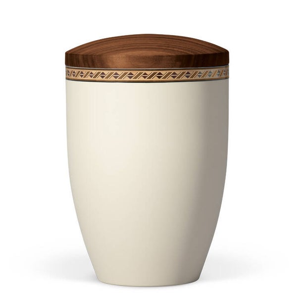 27635 Naturstoffurne, Sandbeige Dekor: Rautenkordel, Holzdeckel Nußbaum geölt
