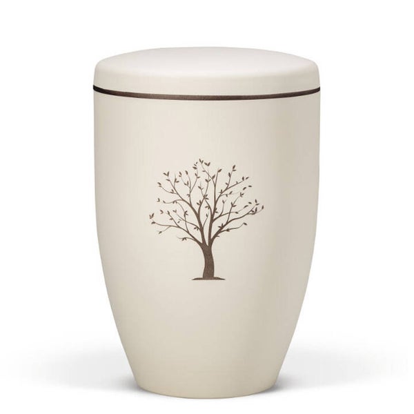 27640 Naturstoffurne, Sandbeige - Tampondruck - Deckel brauner Rand, Motiv: Baum