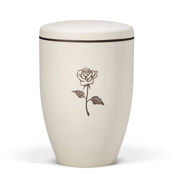 27641 Naturstoffurne, Sandbeige - Tampondruck - Deckel brauner Rand, Motiv: Rose
