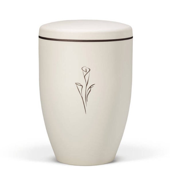 27642 Naturstoffurne, Sandbeige - Tampondruck - Deckel brauner Rand, Motiv: Calla