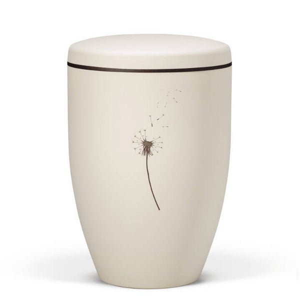 27643 Naturstoffurne, Sandbeige - Tampondruck - Deckel brauner Rand, Motiv: Pusteblume