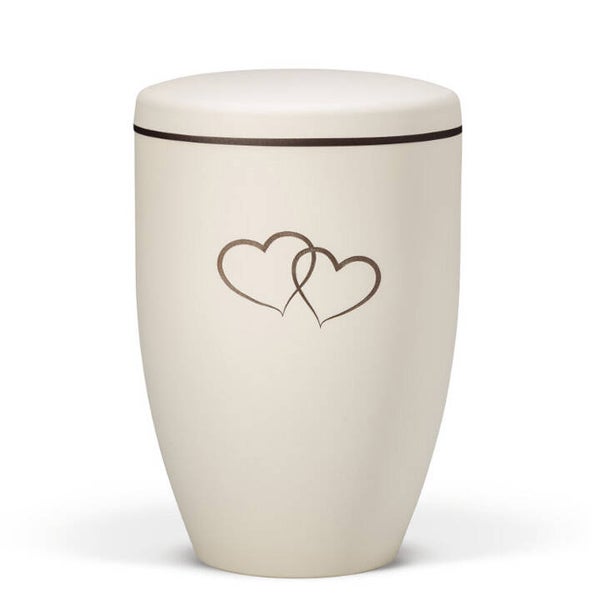 27644 Naturstoffurne, Sandbeige - Tampondruck - Deckel brauner Rand, Motiv: Doppelherz