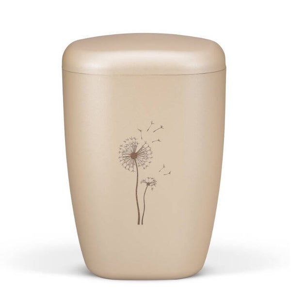 28189-PU Naturstoffurne, Perlbeige, Lasergravur, Pusteblume