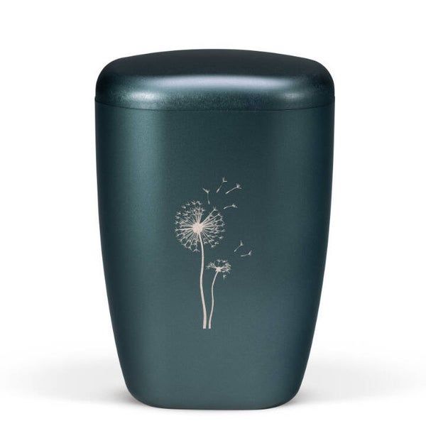 28389-PU Naturstoffurne, Petrol, Lasergravur, Pusteblume