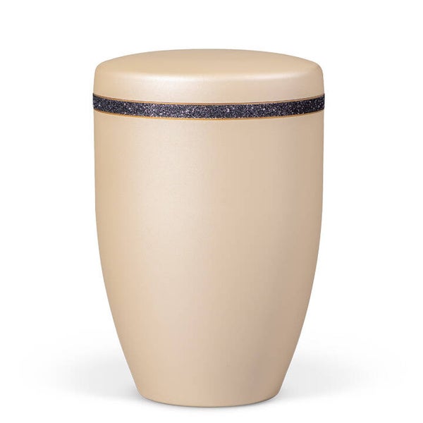 30110 Naturstoffurne, Perlbeige Dekorband, "Schwarz-Glitzerband mit Goldrand