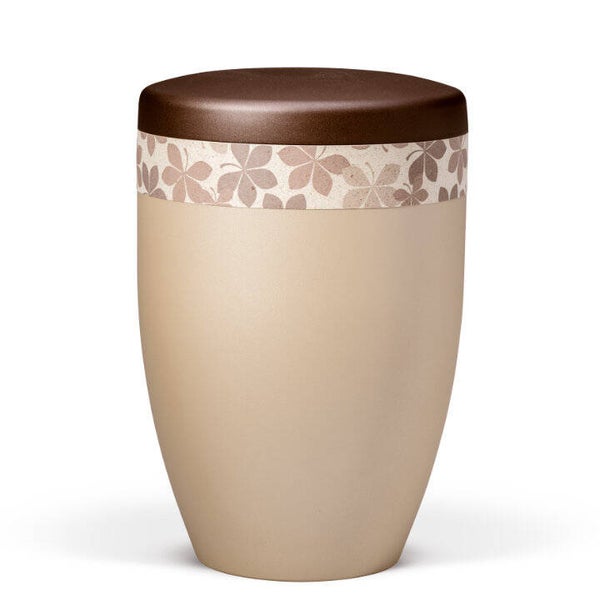 30117 Naturstoffurne, Perlbeige Dekor "Graspapier" Floral Blätter, Deckel Kastanienbraun