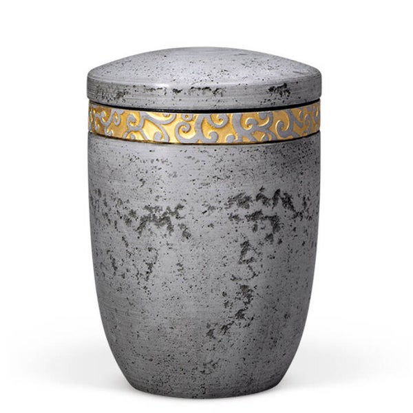 31313 Dujura-Urne aus Kalzium, Steinoptik Anthrazit, Ornamentring Gold, flacher Deckel